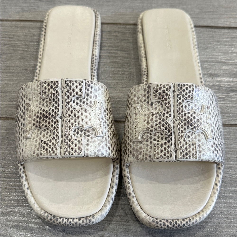 Tory Burch Double T Leather Snake Embossed Smoke Roccia Slides - Picture 6 of 9